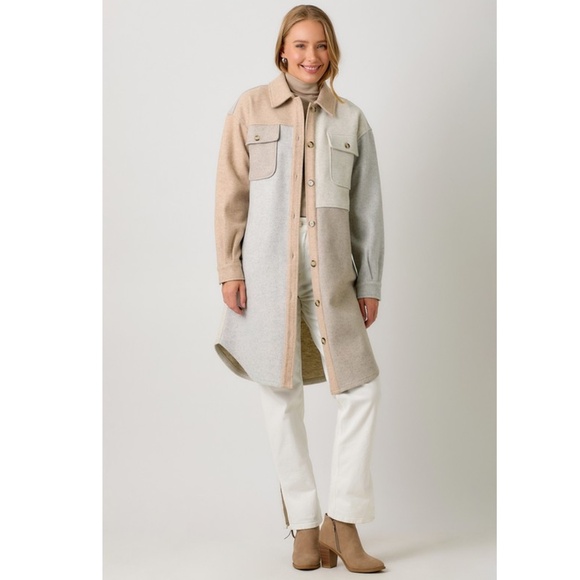 "The Elaine" Ivory/Latte Color Block Long Shacket - Picture 2 of 6
